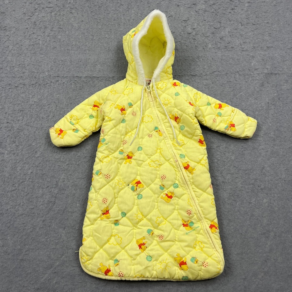 VTG Disney Winnie The Pooh Bunting Baby Small Yellow Hood Zip Snowsuit Coat USA